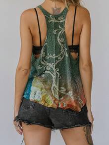 Women Summer Sleeveless Round Neck Tank Tops Vintage Floral Print Asymmetrical Hem Vest Shirts - 綠色 - 查看 2