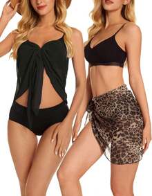 CHICGAL 2 Pieces Women Beach Sarong Bathing Suit Wrap Skirt Sheer Bikini Swimsuit Cover Ups Swimwear - 淺粉紅色和黑色 - 查看 9