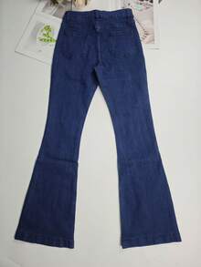 Women's Casual Solid Color Elastic Waist Flare Leg Jeans, Autumn/Winter - Medium Wash - View 10