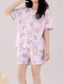 AICJ 2 件女式可爱兔子和色块印花睡衣套装，休闲短袖圆领 T 恤和口袋短裤，睡衣家居服 - 淡紫色 - 查看 3