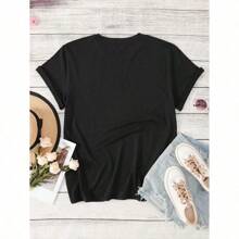 Cartoon Image Short Sleeve Round Neck T-Shirt, Casual And Fashionable Short Sleeve T-Shirt, Micro Elastic, Opaque, Easy Care Material, Perfect For Everyday Wear, Ladies T-Shirt - 黑色 - 查看 2