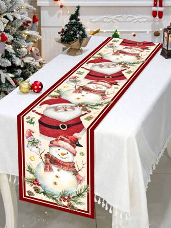 1pc 35*180cm/13.78*70.87inch Christmas Cute Snowman & Santa Claus Print Tablecloth, Table Cover For Holiday Decoration, Party, Home Dining, Living Room, Suitable For Family Gathering