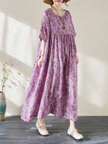 Topy, Letnia długa sukienka w kwiaty, Fioletowa sukienka, Czeska swobodna sukienka plażowa na wakacje, Damska sukienka w dużych rozmiarach, Letnia sukienka z okrągłym dekoltem i jednym rękawem 2025, Luźna duża plisowana sukienka, Losowy nadruk, Jedna sukienka