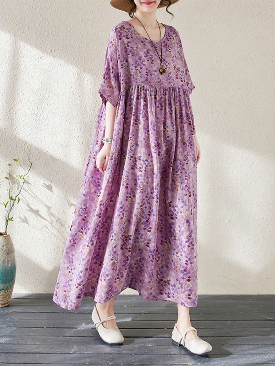 Topy, Letnia długa sukienka w kwiaty, Fioletowa sukienka, Czeska swobodna sukienka plażowa na wakacje, Damska sukienka w dużych rozmiarach, Letnia sukienka z okrągłym dekoltem i jednym rękawem 2025, Luźna duża plisowana sukienka, Losowy nadruk, Jedna sukienka