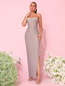 Modphy New Women's Rhinestone Strapless Slit Thigh Tube Bodycon Wedding Bridesmaid Dress, Holiday Party Bandage Dress - Aprikot - View 6