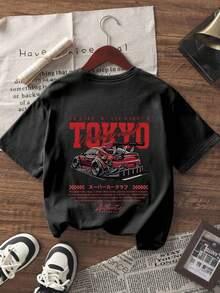 1 pieza Camiseta de manga corta con estampado de coche, adecuado para niños preadolescentes y estudiantes jóvenes, top de verano - Negro - Ver 6