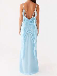 Women's Summer Dress Backless V Neck Spaghetti Strap Loose Flowy Midi Cami Dresses - Blue - View 4