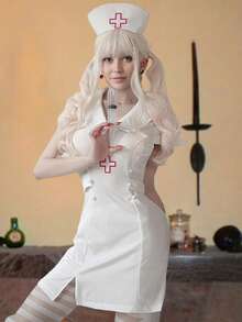 Women Nurse Costumes Cross Short Sleeve Collared Mini Dress With Hat Halloween Cosplay Outfit - White - View 3