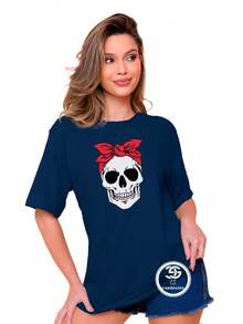 Women's Skull Bow Blouse T-Shirt 100% Cotton Mesh Premium Line - White - View 5