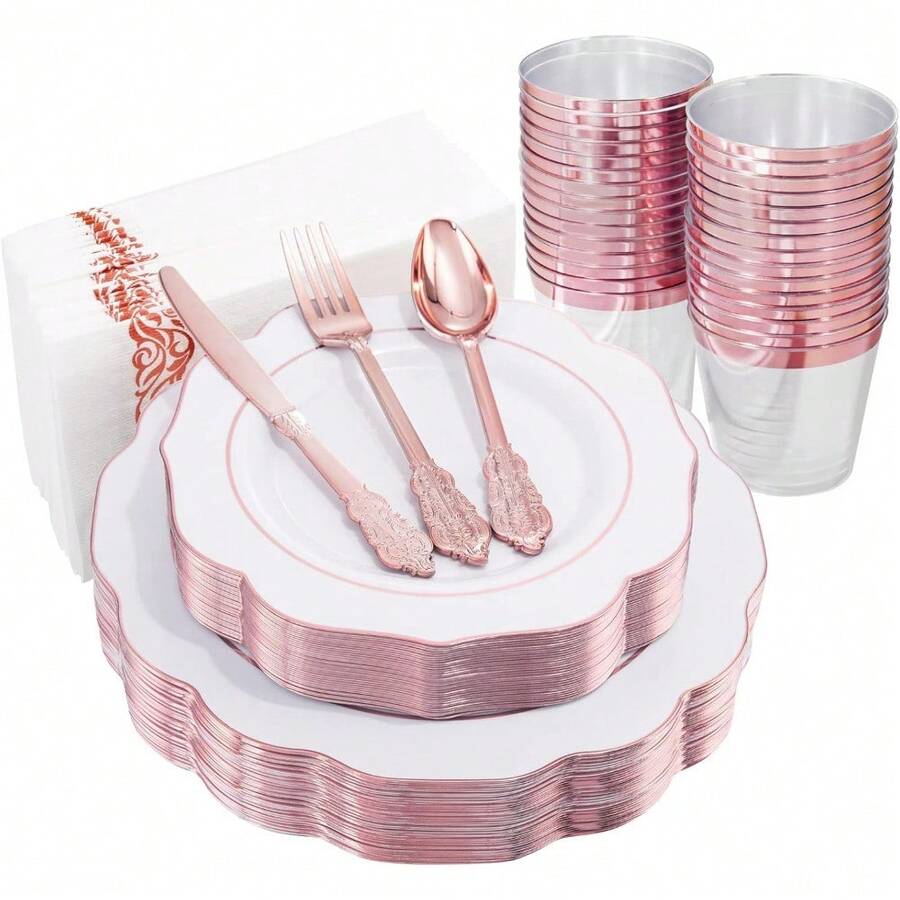 Local Delivery 150 PCS Rose Gold Plastic Plates And Rose Gold Silverware Set - 30 Dinner Plates, 30 Salad Plates, 90 Disposable Rose Gold Utensils For Weddings, Parties, Showers - 玫瑰金 - 查看 1