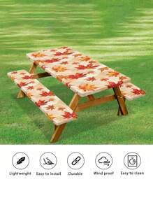 3 Piecesset Picnic Table Cover & Bench Covers - Pumpkin Sunflower Leaves Fall Maple Leaves Fitted Camping Tablecloth With Elastic Edges, Outdoor Waterproof Rectangle Table Cloth, 72x30Inch