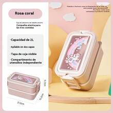 Tupperware Doble Capa Creativa con Cubiertos, Estilo Cartoon, Rectangular, Fácil de Llevar, para Almuerzo, Gran Capacidad - Rosa - Ver 3