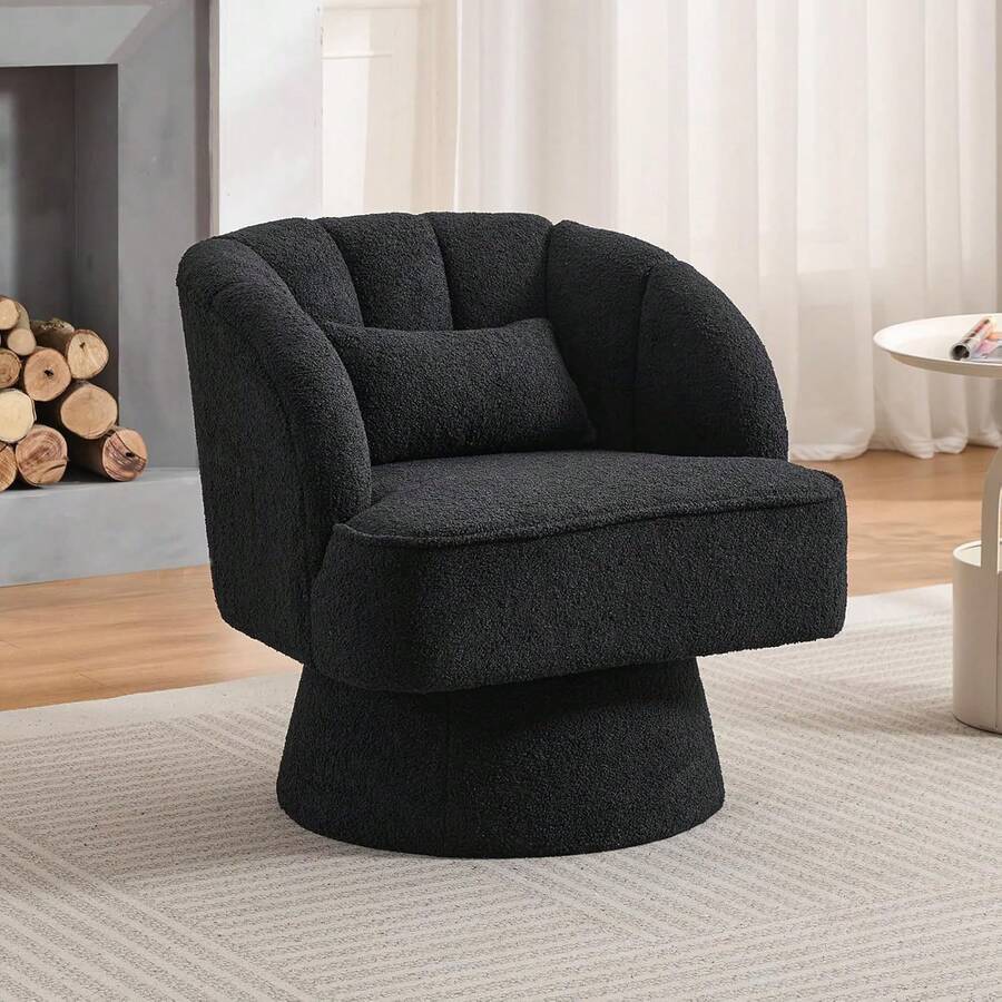 Modern Swivel Barrel Accent Chair,Barrel Chair 360 Degree Velvet Upholstered Armchair With Striped Backrest & Plush Padding, Reading Chair Upholstered Armchair Comfy Round Lounge Chair For Living Room, Bedroom, Reading Nook - Teddy Velvet | Black - View 1