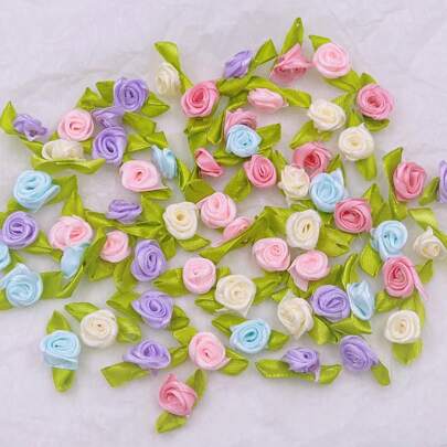 50/100/200 piezas de rosas de cinta de satén de poliéster de colores mixtos - flores de tela artificiales mini para manualidades, costura, decoración de dormitorio, decoración de pared, decoración de artesanía, decoración de boda, accesorios de festival, accesorios de costura para ropa, decoración