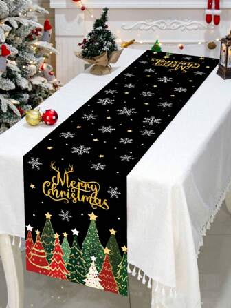 1 件 35 * 180 厘米/13.78 * 70.87 英寸圣诞涤纶桌布，黑色背景，圣诞树和雪花印花，布艺桌布，适合家庭聚会、餐厅装饰、圣诞派对、节日桌面装饰