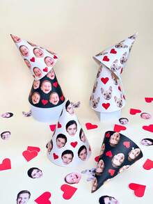 1pc/5pcs/10pcs Personalized Face Photo Party Hats – Custom Heart Design Paper Cone Birthday Caps, Birthday Party Hats,Bachelorette Party Hats,Personalized Halloween Party Cap, Party Hat - Multicolor - View 6