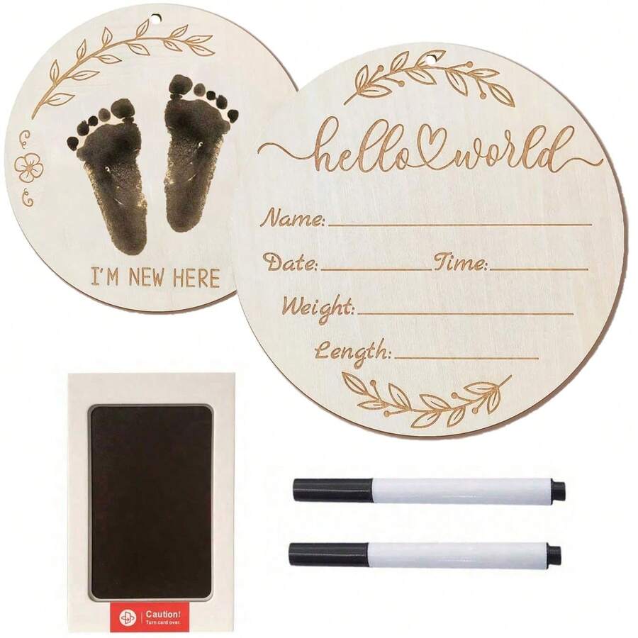 3pcs-Baby Bulletin Board, 5.9 Inch Round Baby Nursery Name Plate With Ink Pad, Unique Design For Capturing Baby's Handprints And Footprints, Wooden "Hello World, I'm New Here" Newborn Logo, Use As A Photo Prop, Commemorative Plaque Of Baby's First Birth - Wood Color - View 1