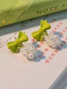 1 Pair Fashionable Faux Pearl Simple Green Bow Stud Earrings, Cute & Fresh For Sunny Summer - one-size - View 2