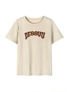 100% Cotton Ladies Short Sleeve T-Shirt, Stylish, Loose, Casual Crew Neck Top - 杏色 - 查看 2