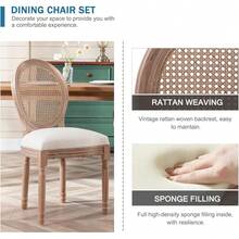 French Country Dining Chairs Set Of 4, Farmhouse Dining Chairs With Round Backrest, Upholstered Rattan Dining Chair With Solid