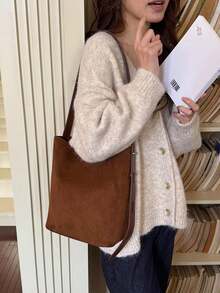 2026新款棕色麂皮水桶包 女款單肩包 時尚通勤包 日常旅行百搭斜挎包 附小包 - 棕色 - 查看 5