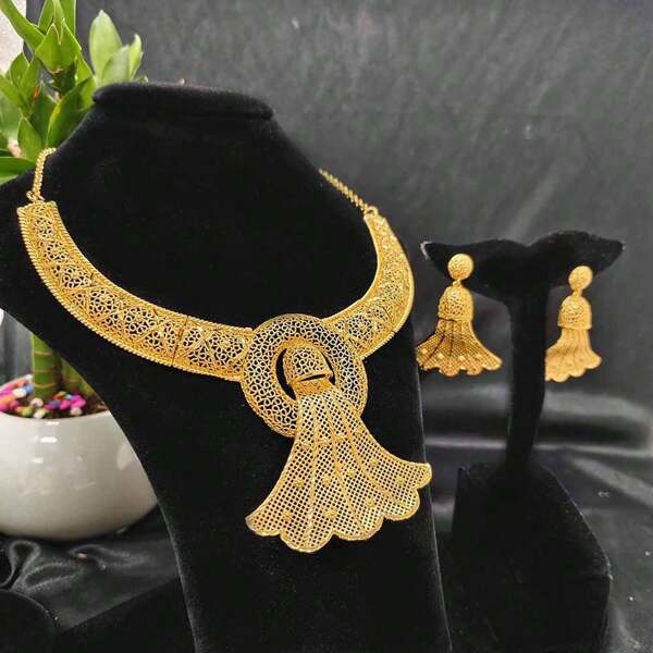 3pcs Middle Eastern Style Necklace & Earrings Jewelry Set, European And American Bridal Jewelry Set Necklace And Earrings 3-Piece