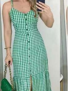 Long Crepe Dress With Padded Cups And Buttons H-1 - Turquoise - View 1