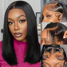 200% 密度 12 英寸直发混纺真人发波波头假发，13x4 高清透明蕾丝前假发，巴西原生发，预先拔毛，自然发际线，预先漂白，隐形发结，透气，自然舒适，适合日常或特殊场合佩戴。 - 自然色&黑色系 - 查看 4