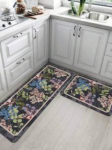 1pc Fashion Leaf & Text Print Kitchen Mat, Soft Plush Rectangular Non-Slip Absorbent Floor Mat, Suitable For Kitchen, Dining Room, Living Room - Multicolor - View 6