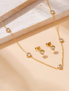 1 Set Fashionable Minimalist Niche Rhinestone Transparent Heart Pendant Necklace & Earrings Stainless Steel Gold-Plated Jewelry Set - Necklace + Earrings - View 2