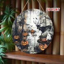 2D Flat - 2D Flat, 2D Flat Print, Not 3D, 2D Flat Horror Pendant, Halloween Wooden Wall Decor 8.0 Inch Round, Displays Deer, Bats And Jack O' Lantern Design, Suitable For Living Room, Bedroom And Outdoor Use Perfect Horror Gift And Halloween Decorations - Multicolor - View 3