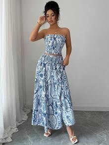 女士全印花无肩带休闲优雅沙滩婚礼两件套（上衣和裙子）夏季 - 藍色 - 查看 4