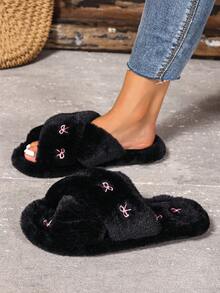 女款居家刺繡蝴蝶結布面平底毛絨室內拖鞋，四季可穿地板拖鞋 - 交叉黑色 - 查看 4