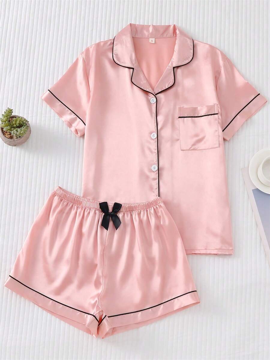 Blusa de solapa de satén para mujeres y traje de pijama para pantalones cortos con lazo,Pijamas y ropa de casa, conjuntos de dos piezas - Rosa - Ver 1
