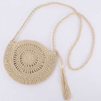 Handmade Paper Rope Woven Circular Tassel Oblique Shoulder Woven Bag, Crochet Floral Woven Bag, Beach Bag For Women