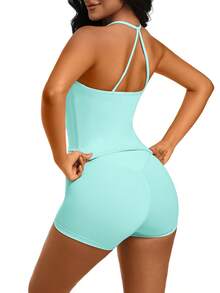 1 Pack Summer Women's Open Back Tracksuit Set Camisole Top High Waist Yoga Shorts Quick Dry Set Is Suitable For Holidays, Travel Work, Sports Wear - Màu xanh ngọc - Xem 5