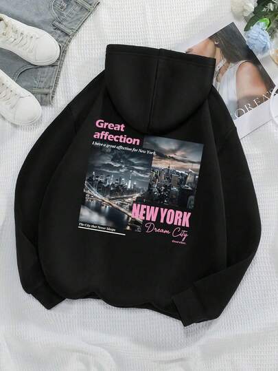 大码汽车字母图案抽绳卫衣，充满爱意，我深爱纽约，这座不夜城，梦想之城，充满正能量，长袖上衣，适合毕业典礼、返校、毕业典礼、女教师穿着