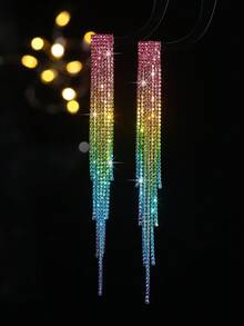 Rainbow Tassel Earrings Rhinestone Dangle Earrings For Women Boho Long Drop Crystal 1 Pair - Multicolor - View 4