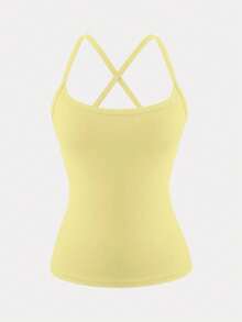 XLLAIS 女士简约纯色交叉露背弹力健身吊带背心，休闲夏季款 - 黃色 - 查看 4