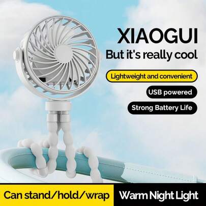 OBOVAY 1 stuk USB oplaadbare draagbare octopus mini-ventilator, 3 windsnelheden, handventilator met haak, geschikt voor kinderwagen, buiten, bureau, ketting, 500mAh