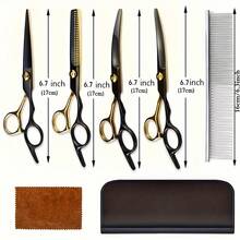 专业狗狗美容剪刀套装（金黑色）7 合 1，用于美容的狗狗剪刀 6CR 优质不锈钢美容剪刀套装，适用于狗猫宠物，专业宠物毛发修剪工具，带梳子和维护配件