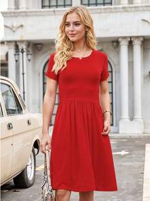 Vestido Corto de Cuello Redondo y Manga Corta en Unicolor Casual para Mujer - Rojo - Ver 1