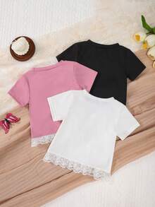3pcs/Set Girls Casual Bow Decor Short Sleeve T-Shirts With Ruffle Lace Hem, Round Neck Tops For Baby Girl Summer Outfit - Multicolor - View 2