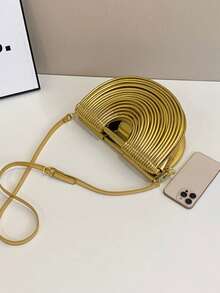 时尚绳编女包、单肩斜挎结构包、意大利面包、半圆形竹编包、流行晚宴包 - 金色 - 查看 9