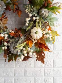 1pc Pumpkin Wreath With Artificial Maple Leaves - Red Orange Green Gray Fall Harvest Door Decorations - No Electricity Required, Easily Hang On Front Door, Mantel, Table Centerpiece - Halloween, Thanksgiving, Christmas Home Decor - Durable Plastic/Leaf Material - Fall Home Decorations - Multicolor - View 3