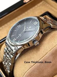 PABLO RAEZ 1pc Original Men's Watch, Stainless Steel Vintage Luxury Charming Business Accessory, 50M Waterproof AAA Watches, Simple Jewelry Calendar Clock, Men's Solid Metal Steel Bracelet Chain, Silver Black Dial With Date, Brand New Casual Fashion Quartz Watch, Men's Steel Roman Numerals And Bar Black High-End Business Watch, Daily Use, Teacher Gift, Time, Father Or Male Friend Birthday Graduation Wedding Gift - Silver - View 8