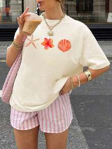 Summer Apricot Short Sleeve Top, Decorated With Shell And Starfish Patterns. Loose Style, Easy To Match, Perfect For Casual And Vacation Wear. - Apricot - View 4