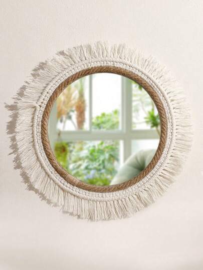 1pc Handmade Acrylic Woven Wall Mirror - Bohemian Style Round Mirror With Tassel Decor, Rustic Natural Wall Decor For Living Room, Bedroom Or Bathroom, Spring/Summer Home Decor, Mother's Day Gift