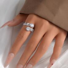 1pc Double-Row Waterdrop Copper Plated White Gold Micro Pave Zirconia Stone Fashion Open Finger Ring, Suitable For Outing, Leisures And Daily Wear