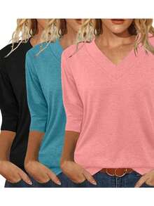 3 chiếc áo phông rộng rãi cổ chữ V tay 3/4 màu trơn, dành cho nữ mùa xuân/thu - Đen + Xanh Dương + Hồng - Xem 2